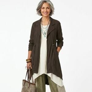 SOFT SURROUNDINGS Women's L Santa Rosa Cotton Long Jacket Brown High Low Zip